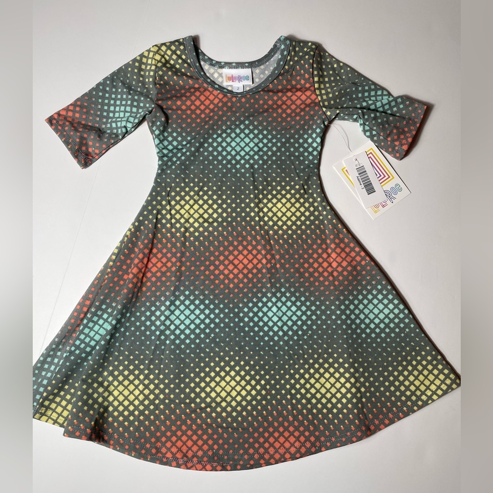 LuLaRoe Kids Adeline Grey Dress with Red, Yellow, and Blue Pattern